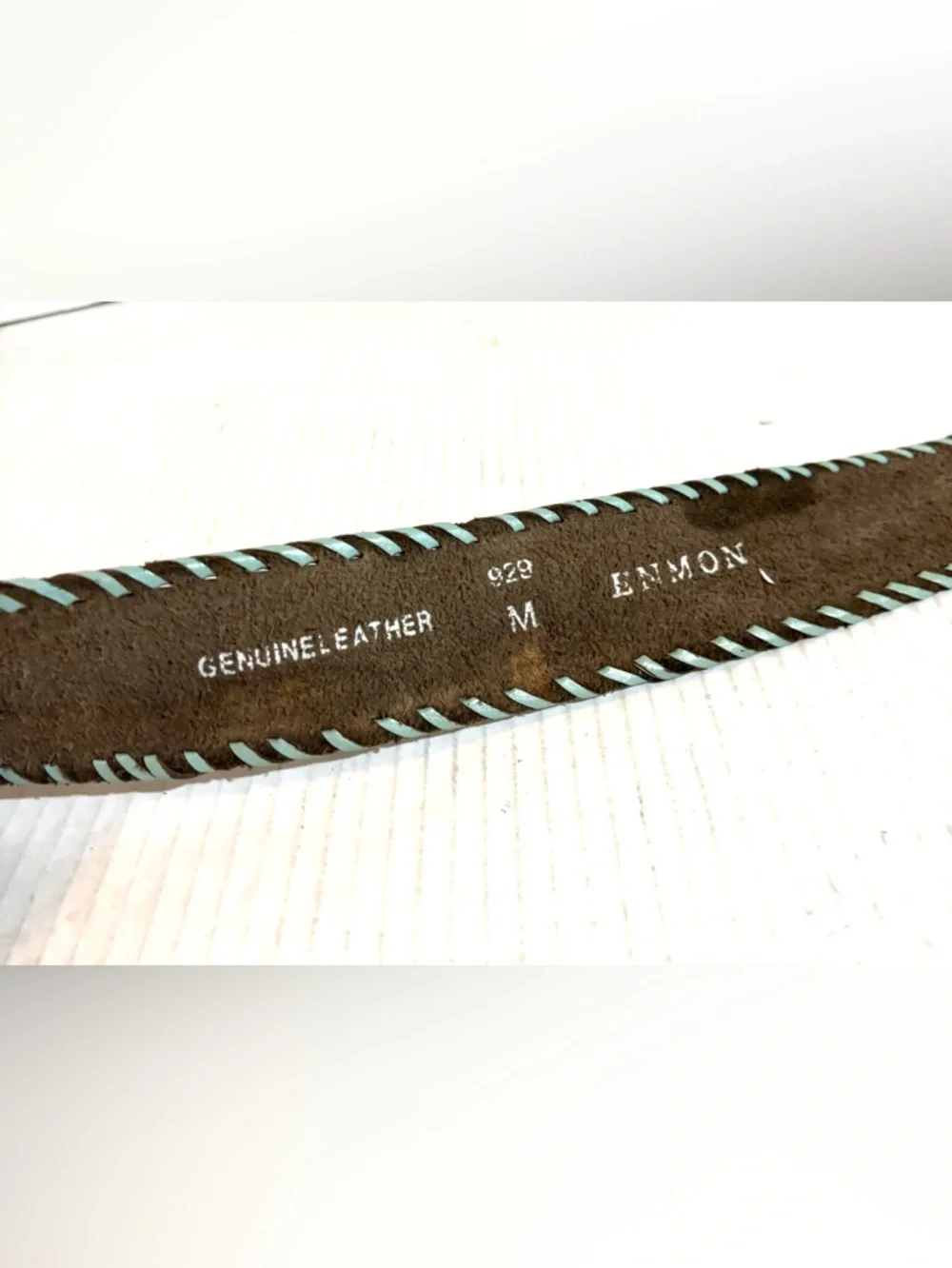 Beaded Oval Buckle Brown Leather Belt with Turquoise Stitching